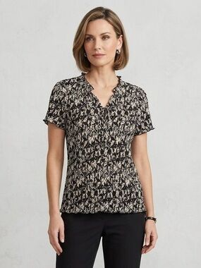 Sag Harbor Black and White Printed Short-Sleeve V-Neck Blouse